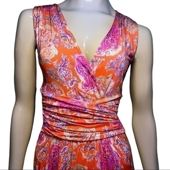Etro Women’s Size 40 4 Orange Pink Paisley Surplice Cinched Waist Flowy Dress - Picture 5 of 10